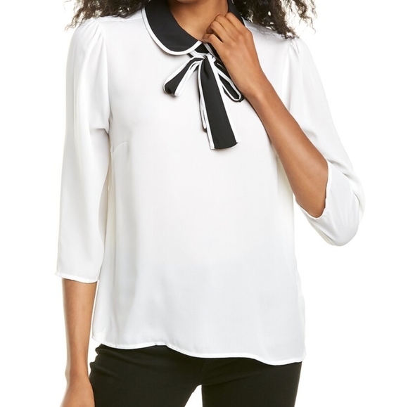 CeCe Tops - CeCe Black & White 3/4 Sleeve Tie Neck Blouse S